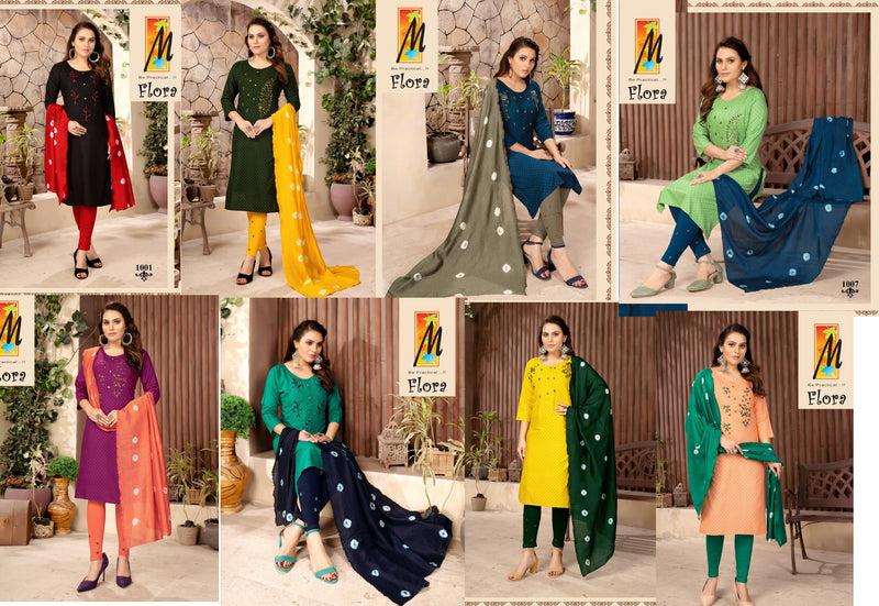 Master Flora Rayon Daniya Print Ready Made Party Wear  Kurtis Set With Heavy Handwork Embroidery