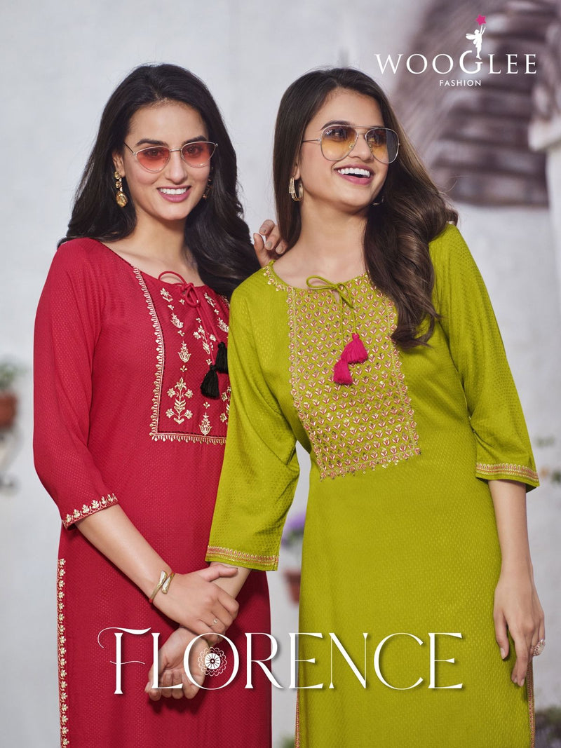 Wooglee Florance Rayon Buti Embroidery Handwork Fancy Designer Kurti