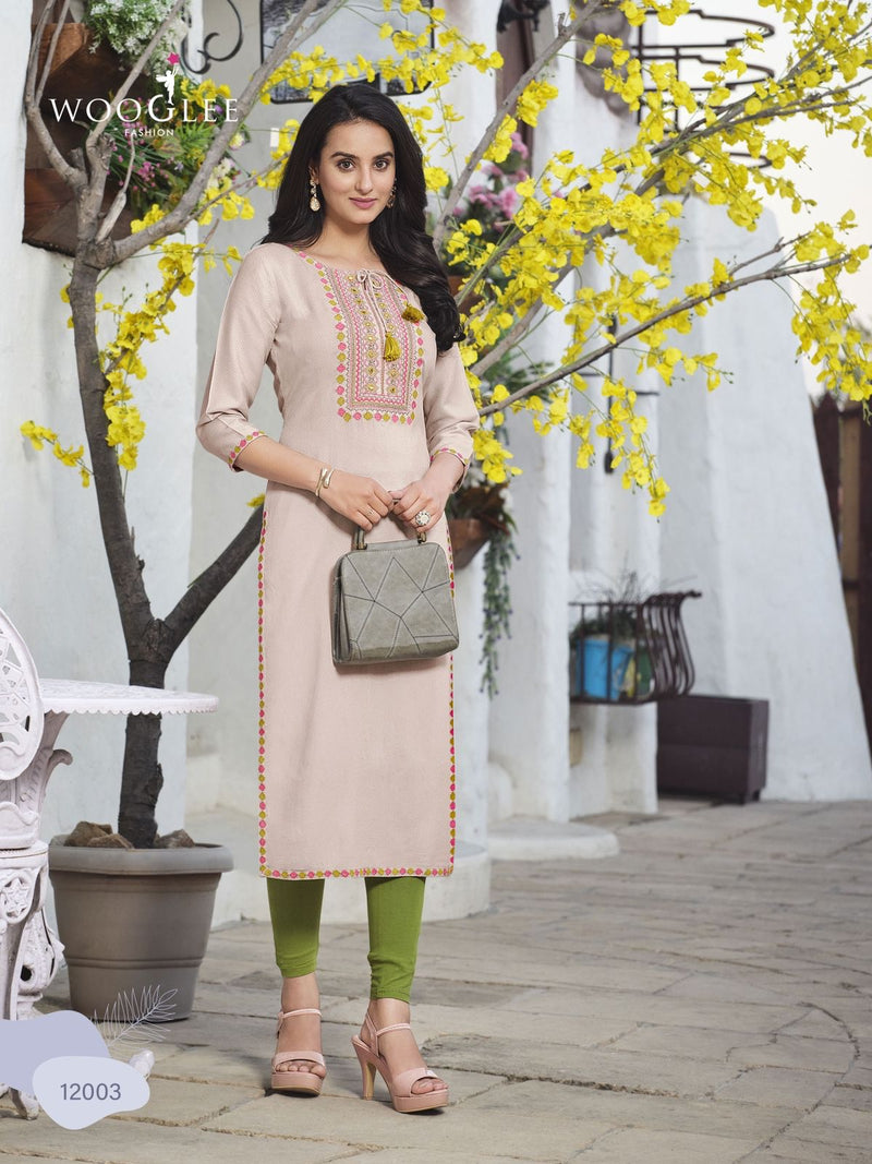 Wooglee Florance Rayon Buti Embroidery Handwork Fancy Designer Kurti