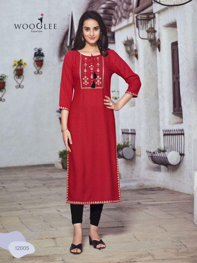 Wooglee Florance Rayon Buti Embroidery Handwork Fancy Designer Kurti