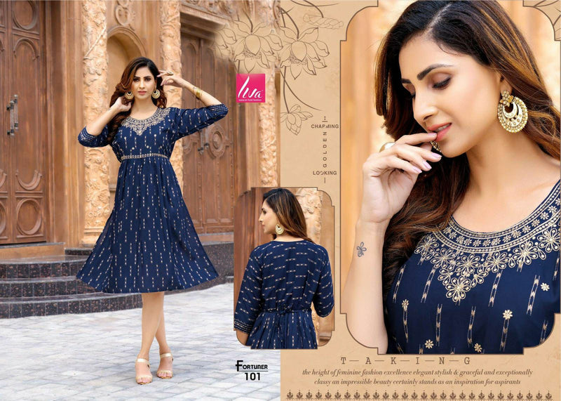 Golden Fortuner Rayon Fancy Designer Party Wear Kurtis