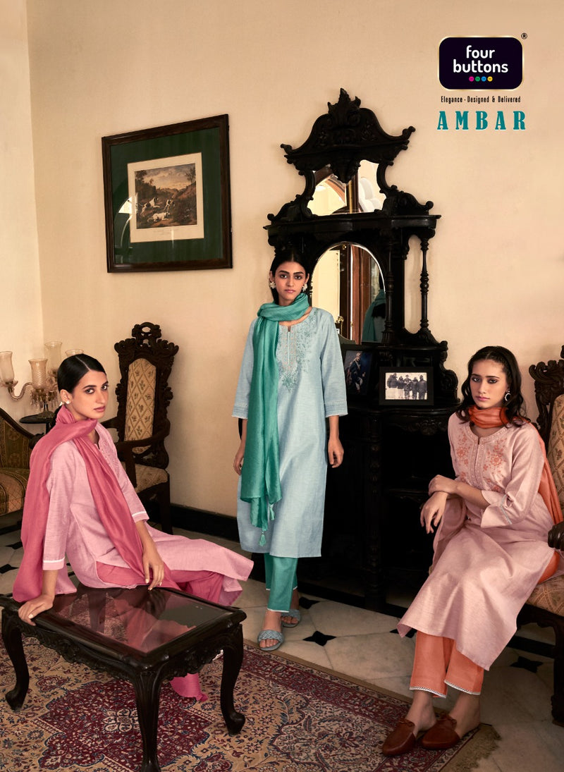Four Buttons Ambar Linen Cotton Embroidered Party Wear Kurtas With Bottom & Dupatta