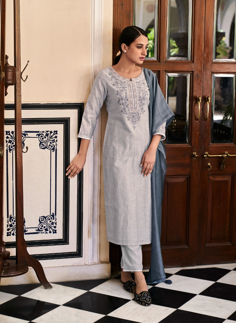 Four Buttons Ambar Linen Cotton Embroidered Party Wear Kurtas With Bottom & Dupatta