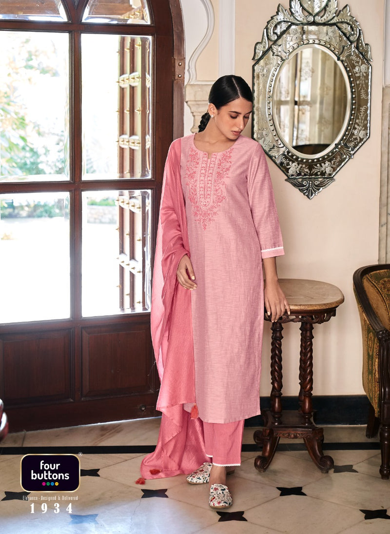 Four Buttons Ambar Linen Cotton Embroidered Party Wear Kurtas With Bottom & Dupatta