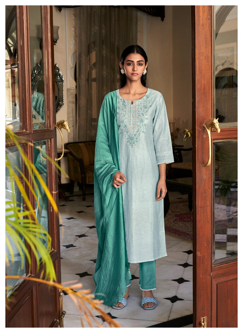 Four Buttons Ambar Linen Cotton Embroidered Party Wear Kurtas With Bottom & Dupatta