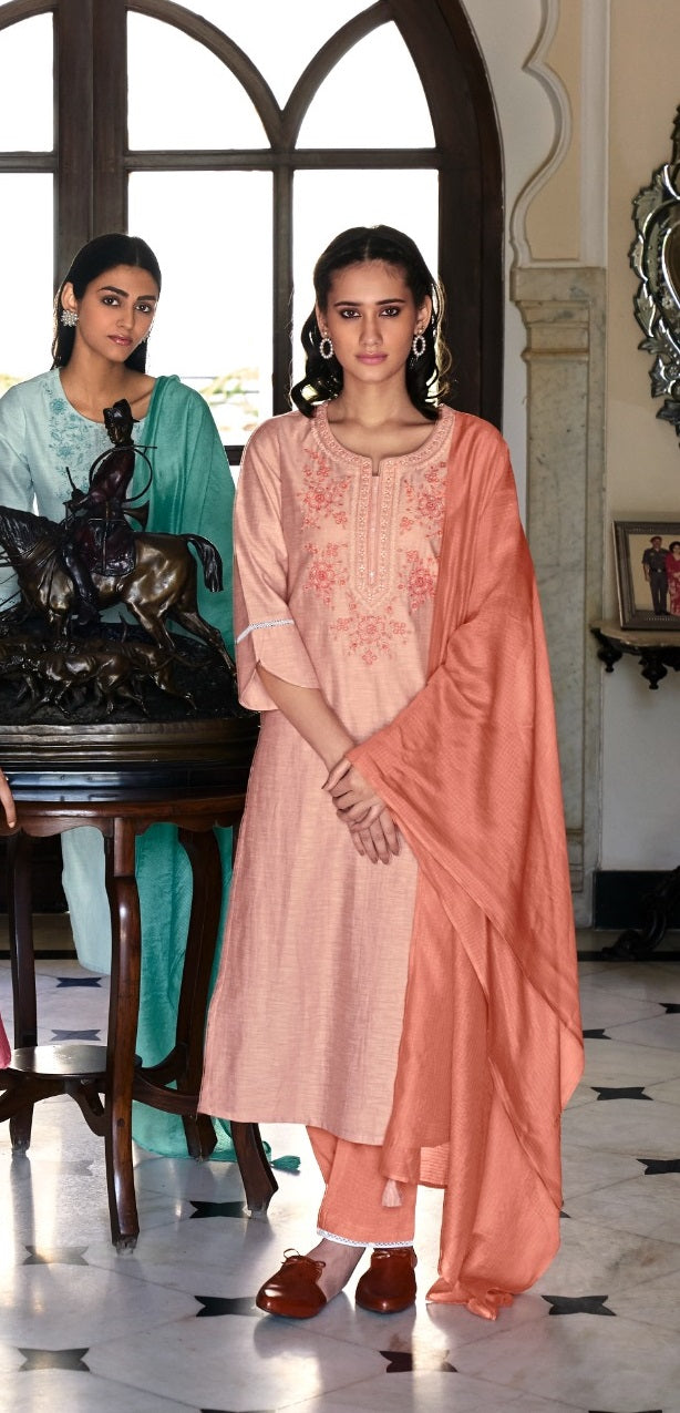 Four Buttons Ambar Linen Cotton Embroidered Party Wear Kurtas With Bottom & Dupatta