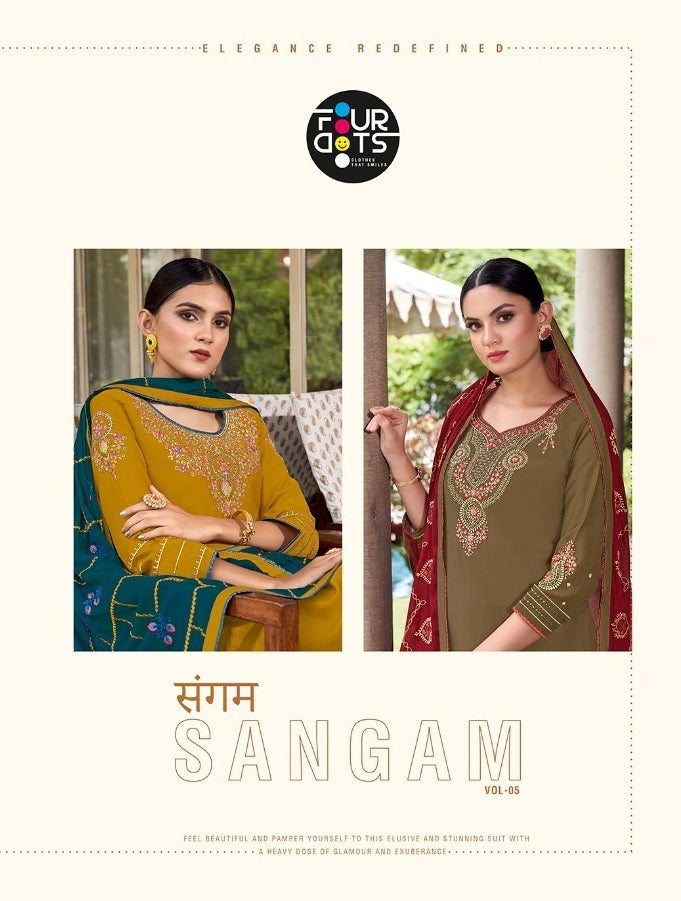 Four Dots Sangam Vol 5 Parampara Silk Embroidery Work With Sleeve Work Suit