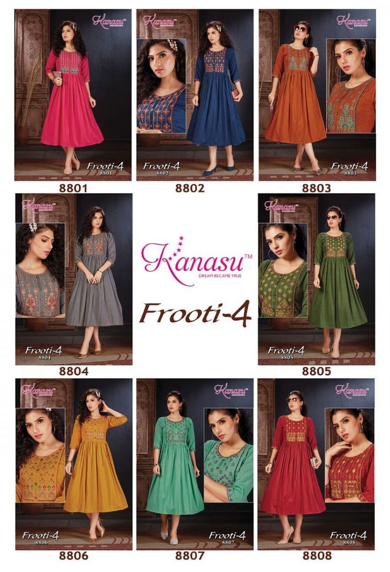 Kanasu Kurti Frooti Vol 4 Rayon Fancy Stylish Embroidered Party Wear Kurtis