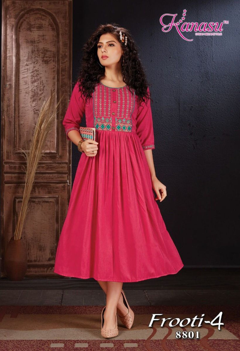 Kanasu Kurti Frooti Vol 4 Rayon Fancy Stylish Embroidered Party Wear Kurtis