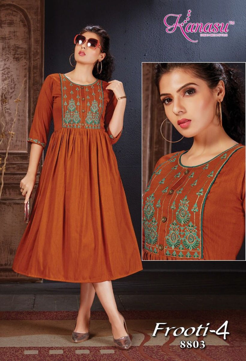 Kanasu Kurti Frooti Vol 4 Rayon Fancy Stylish Embroidered Party Wear Kurtis