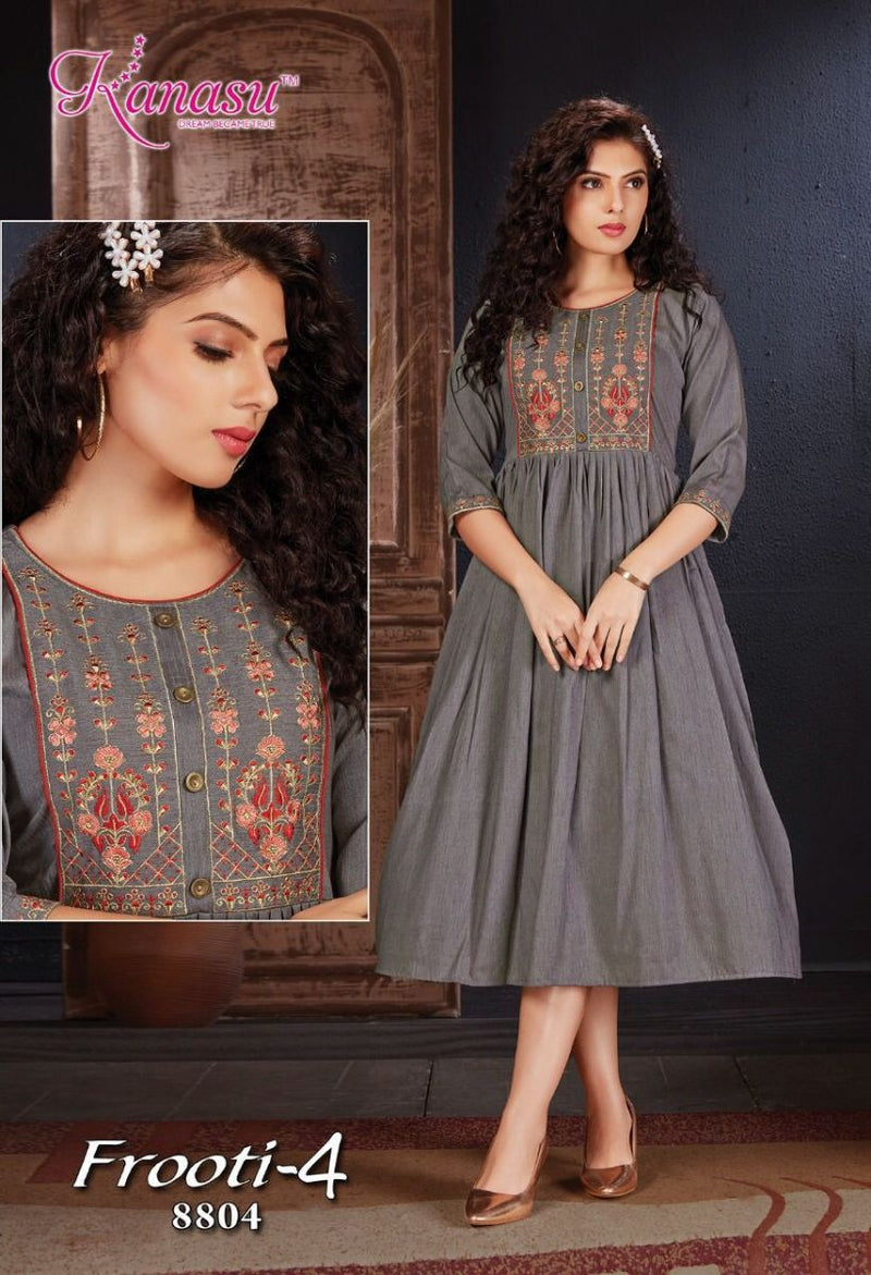 Kanasu Kurti Frooti Vol 4 Rayon Fancy Stylish Embroidered Party Wear Kurtis