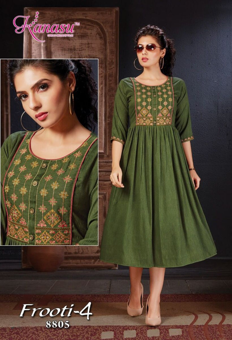 Kanasu Kurti Frooti Vol 4 Rayon Fancy Stylish Embroidered Party Wear Kurtis