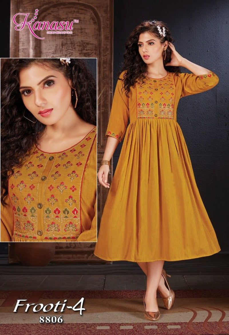 Kanasu Kurti Frooti Vol 4 Rayon Fancy Stylish Embroidered Party Wear Kurtis