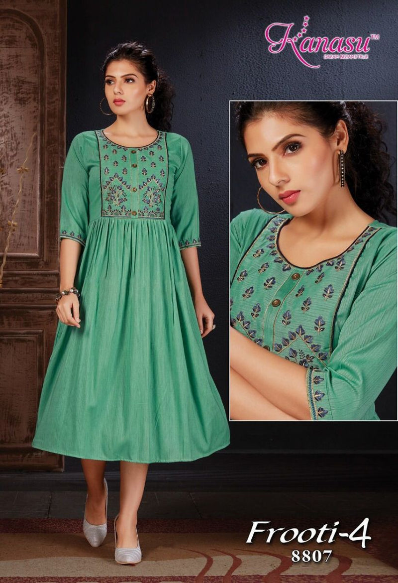 Kanasu Kurti Frooti Vol 4 Rayon Fancy Stylish Embroidered Party Wear Kurtis