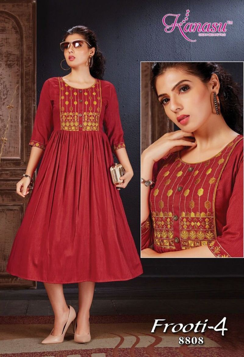 Kanasu Kurti Frooti Vol 4 Rayon Fancy Stylish Embroidered Party Wear Kurtis