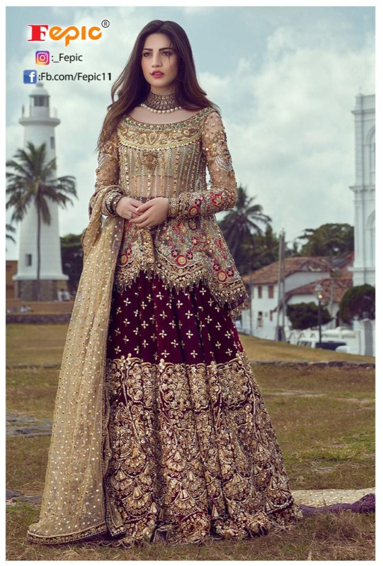 Fepic Suit C 1128 Colours Net Embroidered Heavy Handwork Bridal Wear