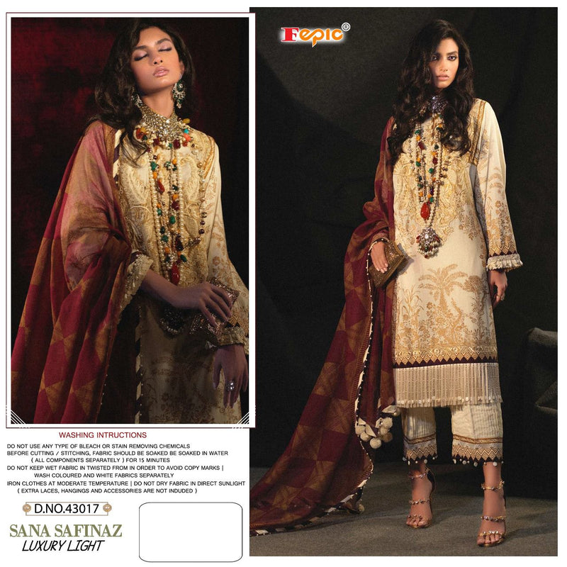 Fepic Suit Sana Safinaz Luxury Light Pure Cotton Printed Embroidery Work Salwar Suit