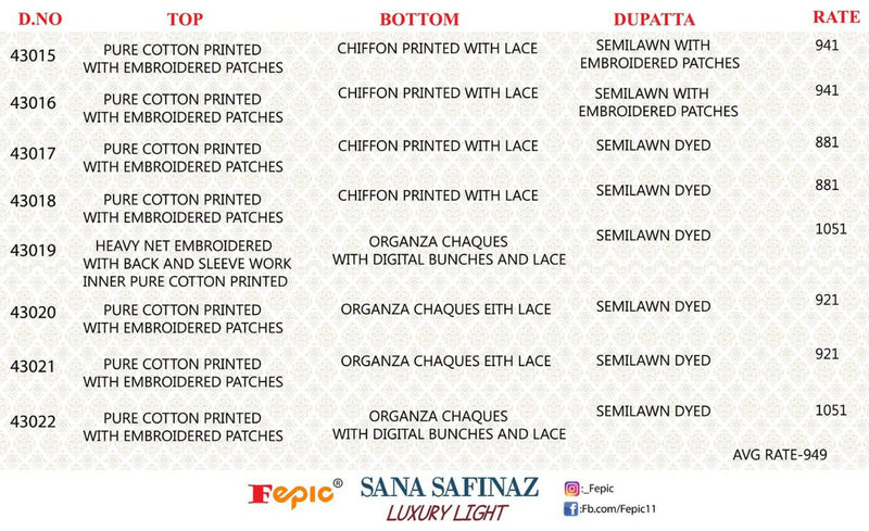 Fepic Suit Sana Safinaz Luxury Light Pure Cotton Printed Embroidery Work Salwar Suit