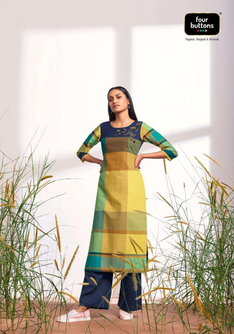 Four Buttons Big Cheks Pure Cotton Weaving Embroidered Work Kurti