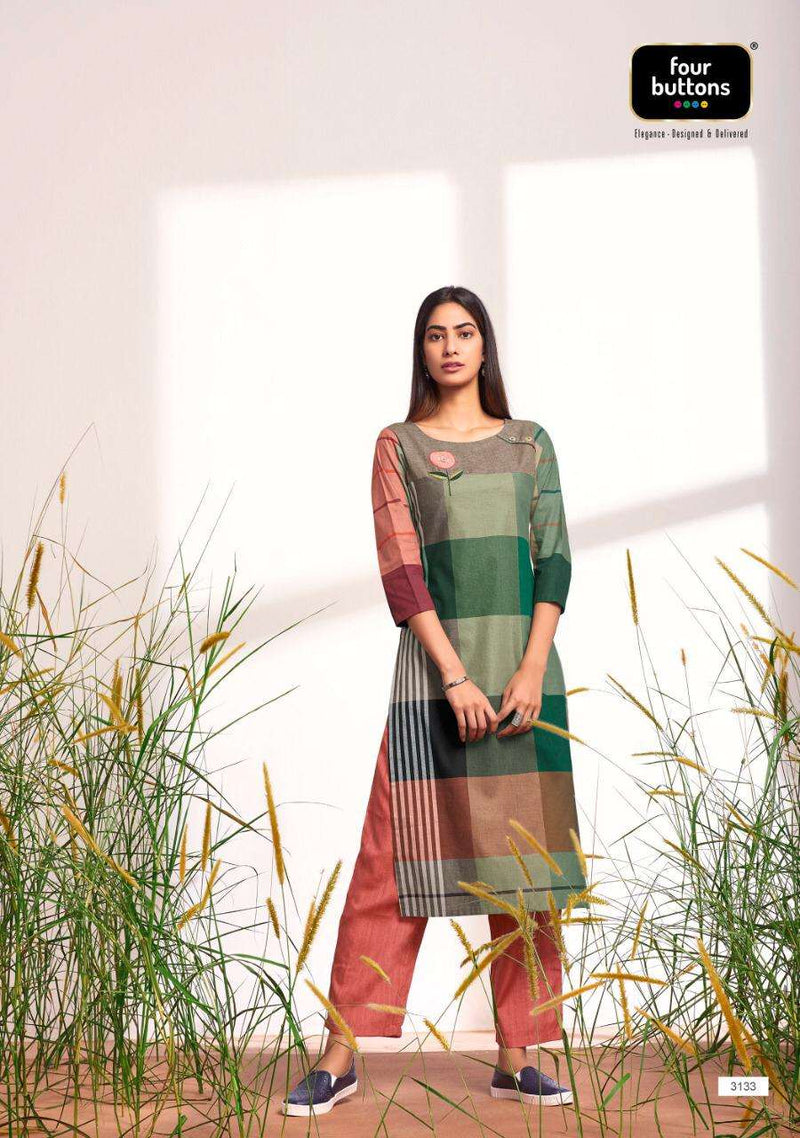 Four Buttons Big Cheks Pure Cotton Weaving Embroidered Work Kurti