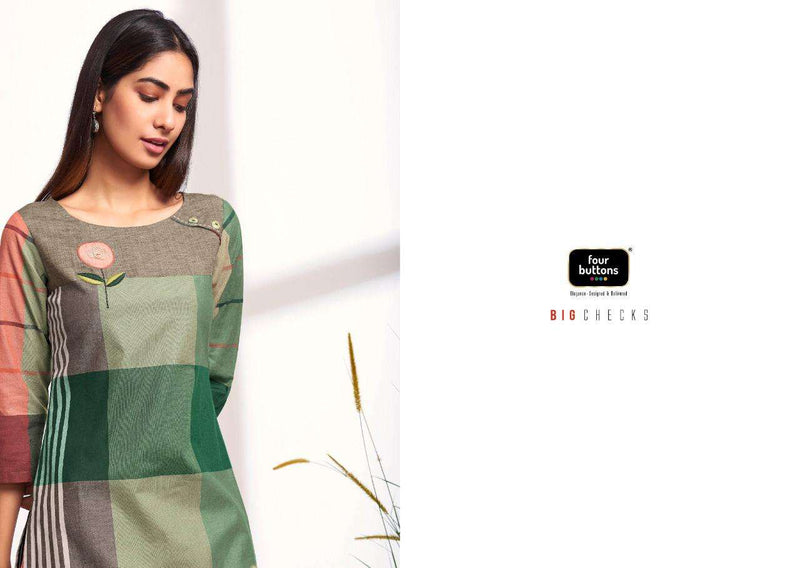 Four Buttons Big Cheks Pure Cotton Weaving Embroidered Work Kurti