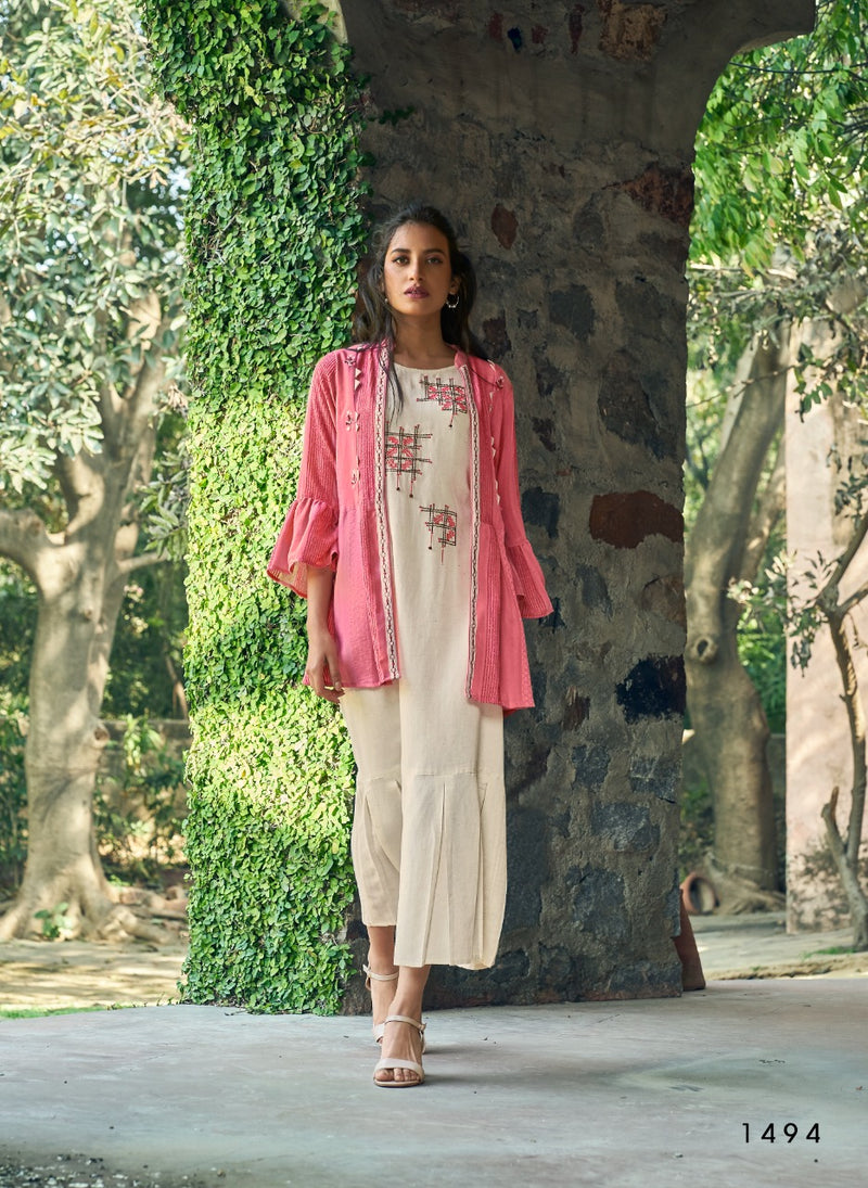 Four Buttons Bloom Cotton Placement Intricate Embroideries Fancy Kurti