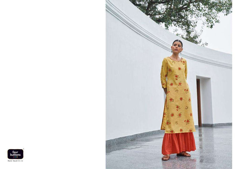 Four Buttons Floral Prints On Pure Cotton Khadi With Intricate Embroidered Kurti