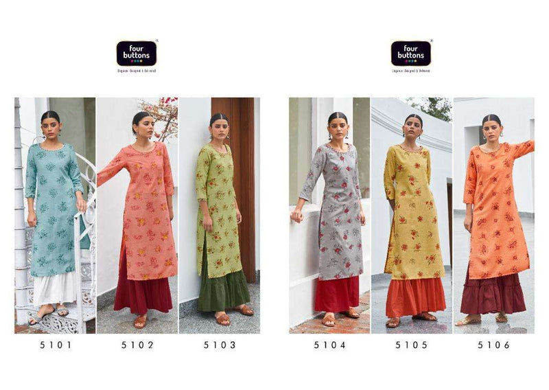 Four Buttons Floral Prints On Pure Cotton Khadi With Intricate Embroidered Kurti