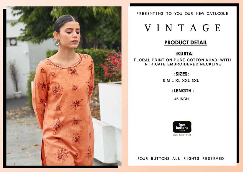 Four Buttons Floral Prints On Pure Cotton Khadi With Intricate Embroidered Kurti
