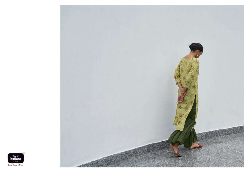 Four Buttons Floral Prints On Pure Cotton Khadi With Intricate Embroidered Kurti