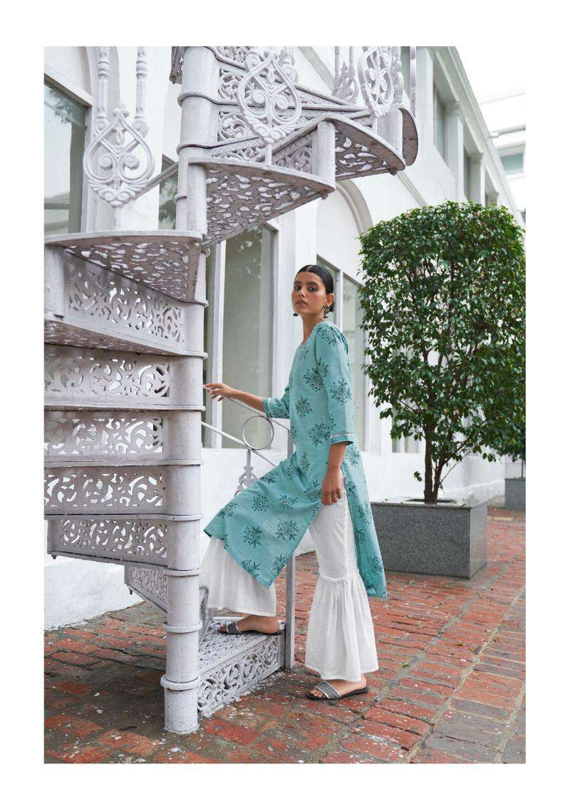 Four Buttons Floral Prints On Pure Cotton Khadi With Intricate Embroidered Kurti