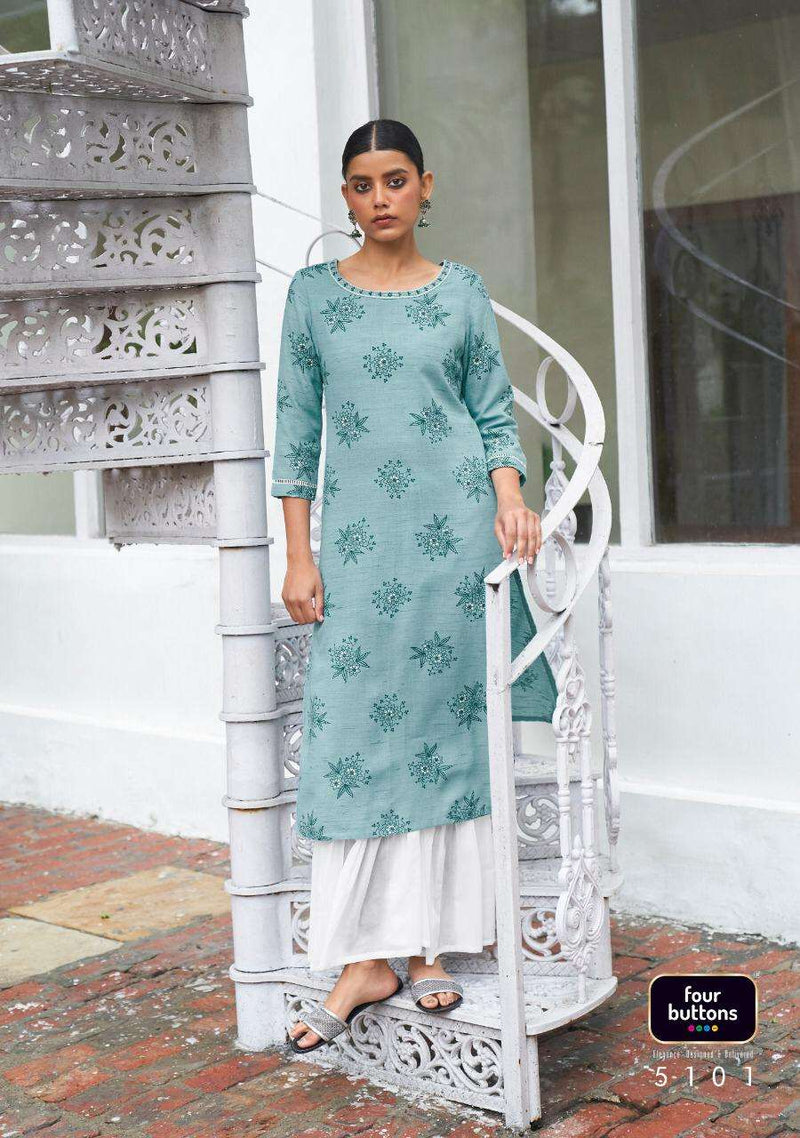 Four Buttons Floral Prints On Pure Cotton Khadi With Intricate Embroidered Kurti