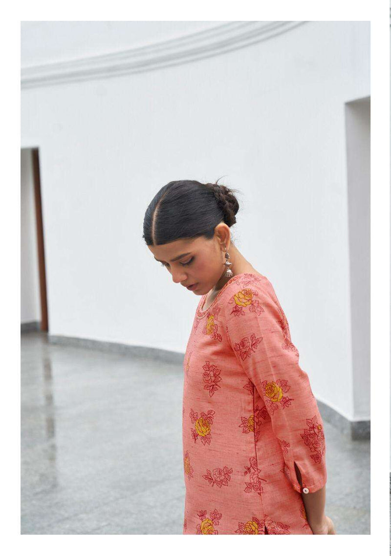 Four Buttons Floral Prints On Pure Cotton Khadi With Intricate Embroidered Kurti