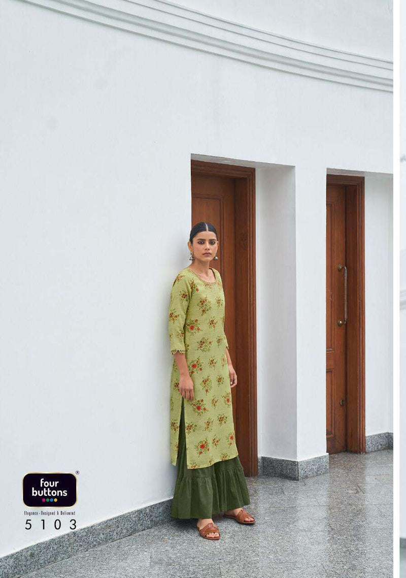 Four Buttons Floral Prints On Pure Cotton Khadi With Intricate Embroidered Kurti