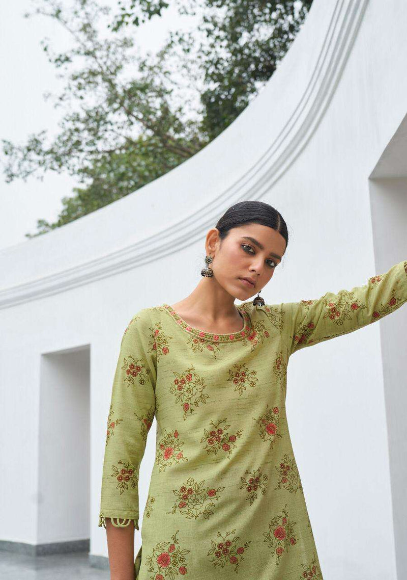 Four Buttons Floral Prints On Pure Cotton Khadi With Intricate Embroidered Kurti