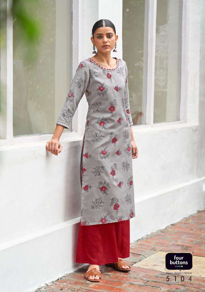 Four Buttons Floral Prints On Pure Cotton Khadi With Intricate Embroidered Kurti