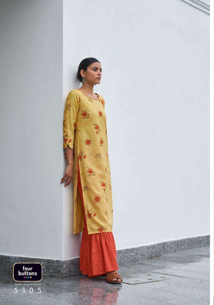 Four Buttons Floral Prints On Pure Cotton Khadi With Intricate Embroidered Kurti