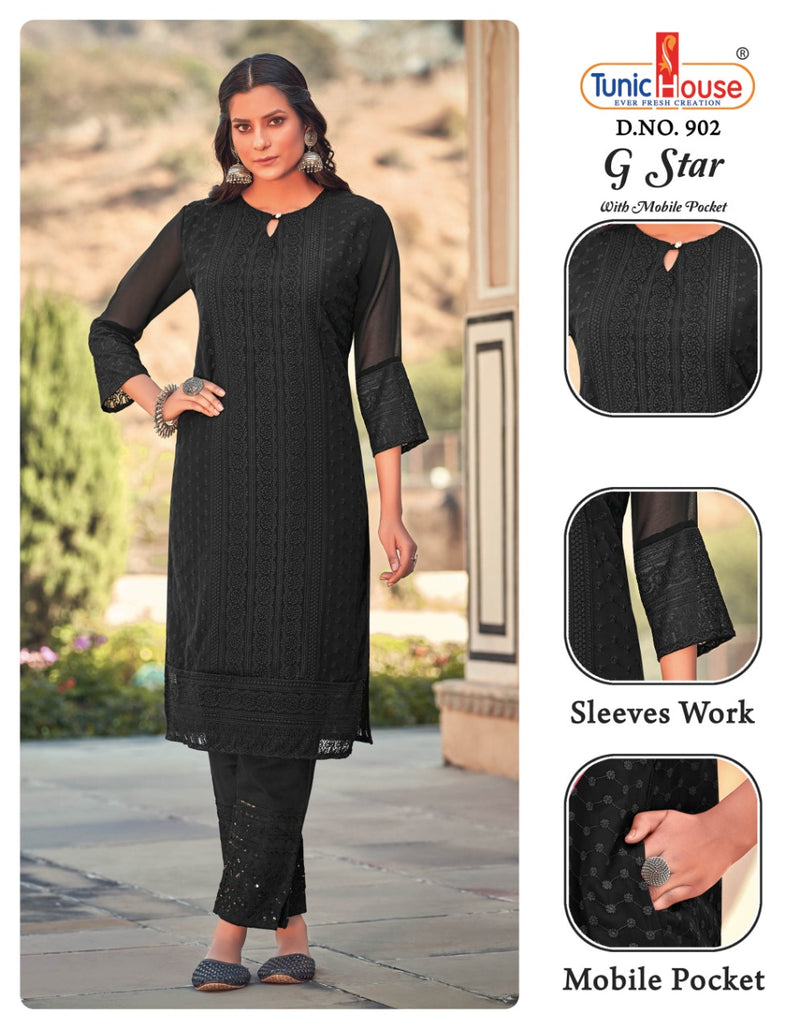 Tunic House G star Georgette With Fancy Chicken Work Stylish Designer Casual Look Kurti