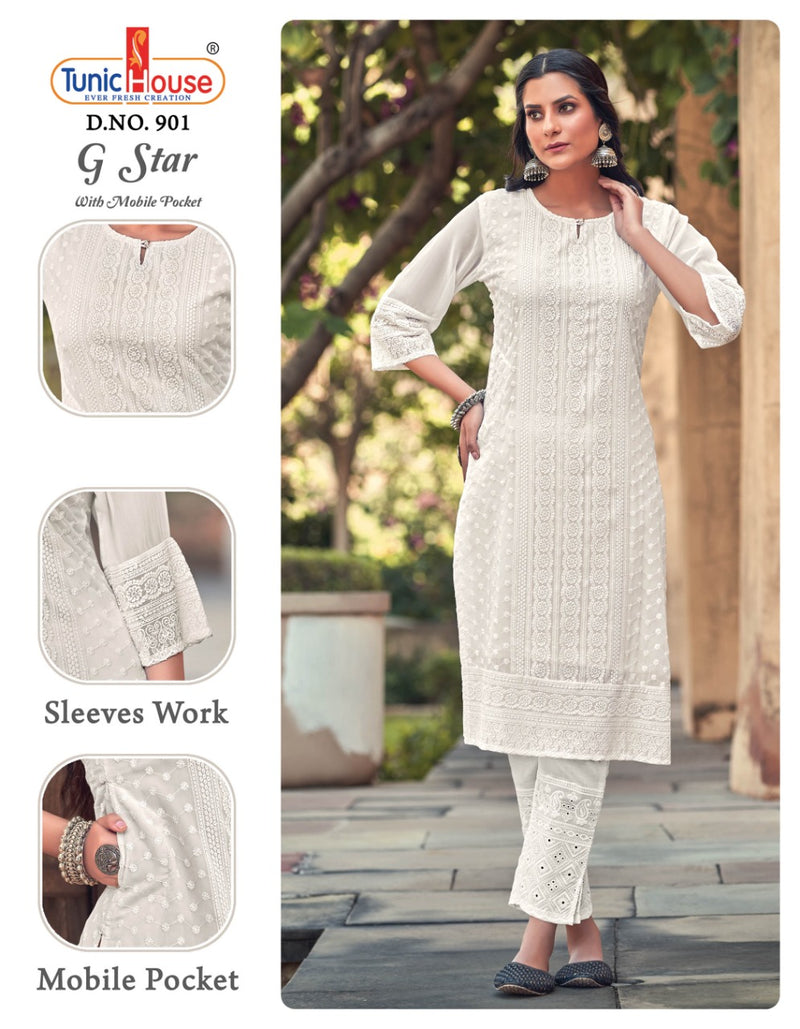 Tunic House G star Georgette With Fancy Chicken Work Stylish Designer Casual Look Kurti