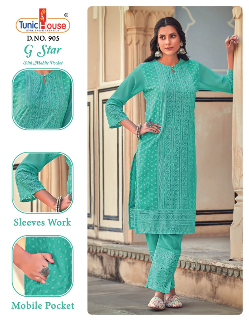 Tunic House G star Georgette With Fancy Chicken Work Stylish Designer Casual Look Kurti