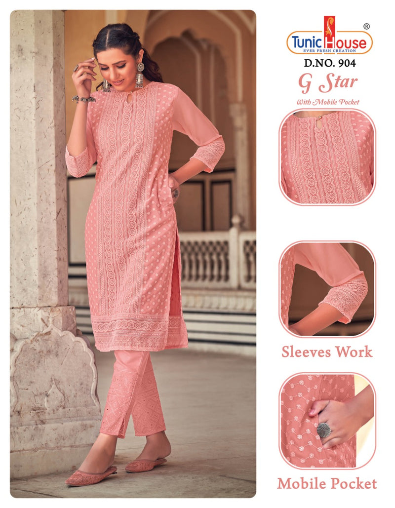 Tunic House G star Georgette With Fancy Chicken Work Stylish Designer Casual Look Kurti