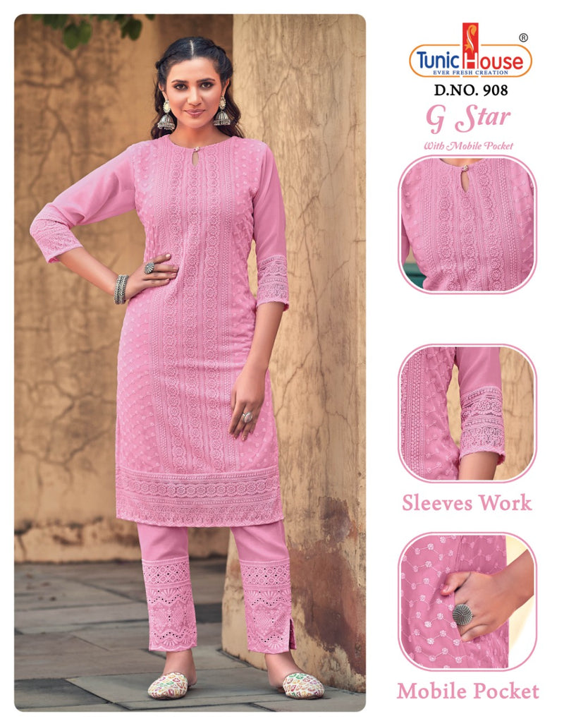 Tunic House G star Georgette With Fancy Chicken Work Stylish Designer Casual Look Kurti