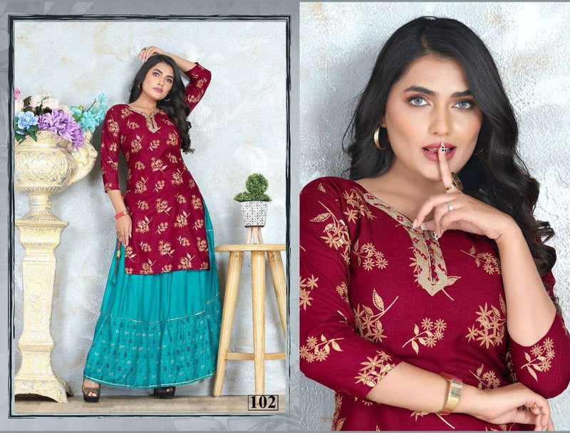 Beauty Queen Garima Rayon Foil Print Stylish Party Wear Kurtis
