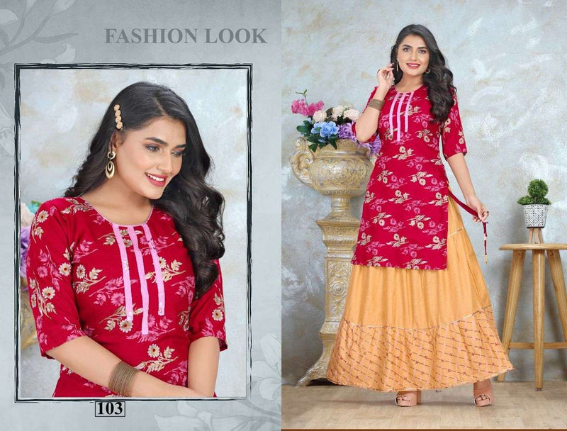 Beauty Queen Garima Rayon Foil Print Stylish Party Wear Kurtis