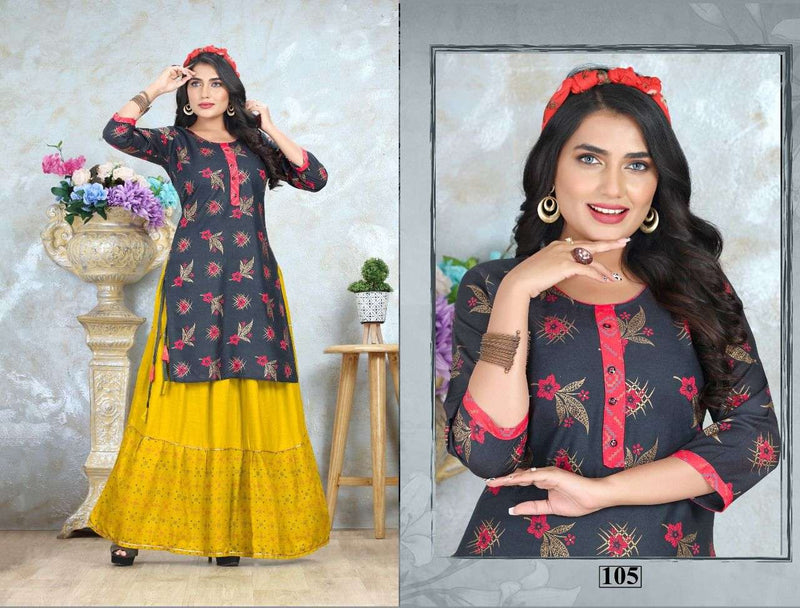 Beauty Queen Garima Rayon Foil Print Stylish Party Wear Kurtis
