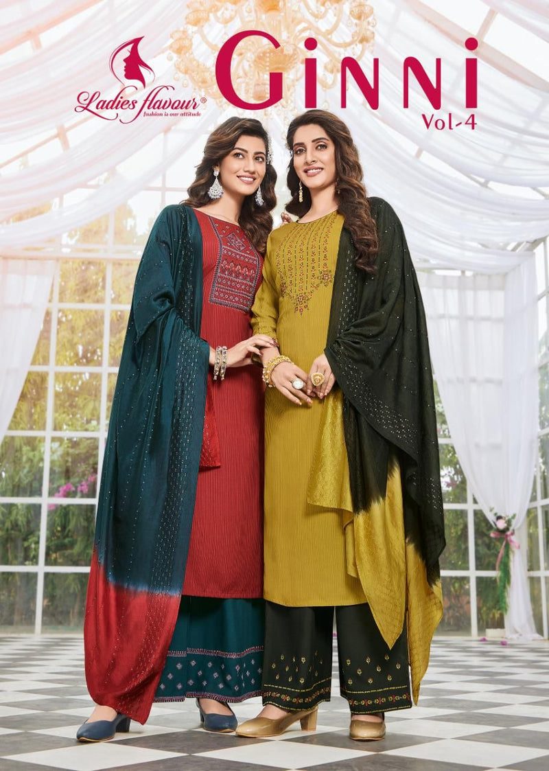Ladies Flavour Ginni Vol 4 Viscose Embroidered Party Wear Kurtis With Bottom & Dupatta