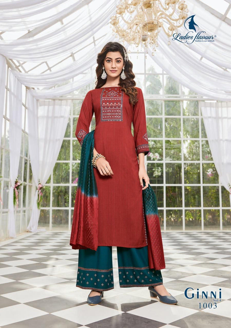 Ladies Flavour Ginni Vol 4 Viscose Embroidered Party Wear Kurtis With Bottom & Dupatta