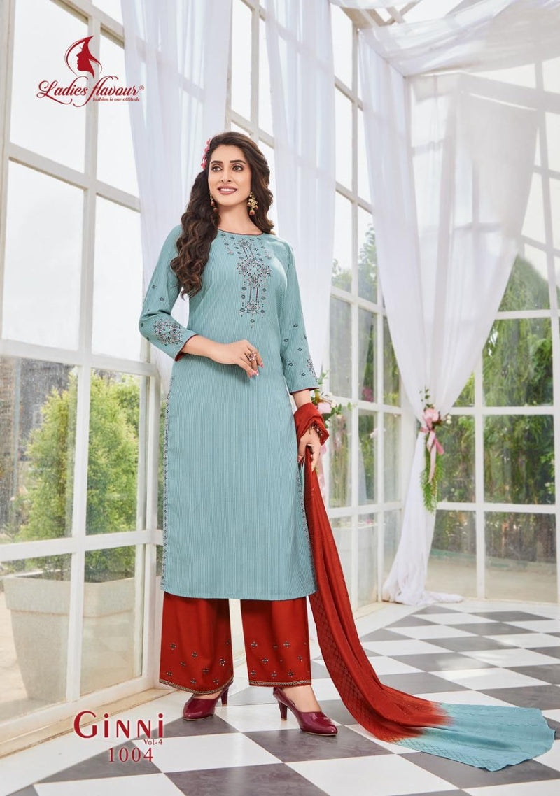 Ladies Flavour Ginni Vol 4 Viscose Embroidered Party Wear Kurtis With Bottom & Dupatta