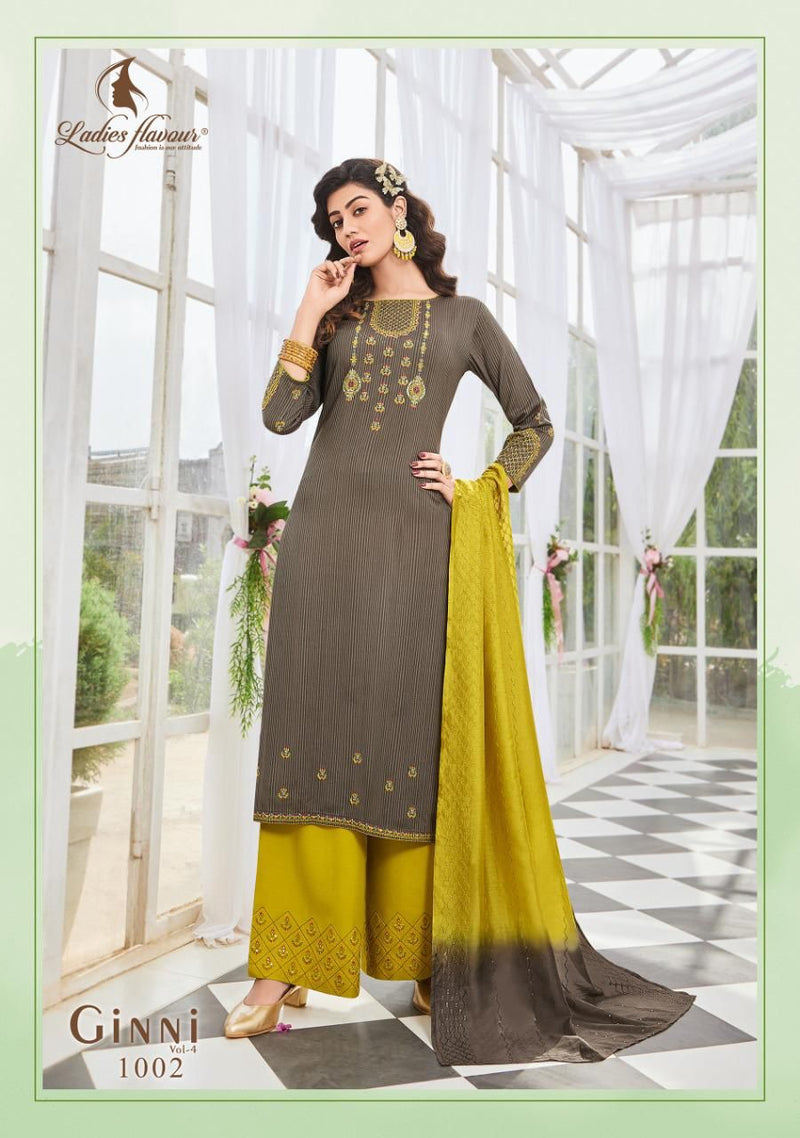 Ladies Flavour Ginni Vol 4 Viscose Embroidered Party Wear Kurtis With Bottom & Dupatta