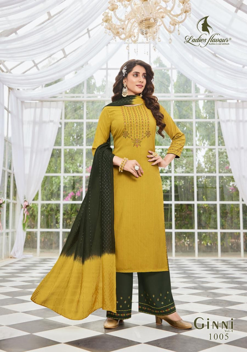 Ladies Flavour Ginni Vol 4 Viscose Embroidered Party Wear Kurtis With Bottom & Dupatta